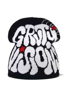 1 件 Y2K 风格大胆哥特式提花针织帽，柔软舒适的便帽，适合户外骑行、旅行、滑雪和街头秋季装扮 - A - 查看 2