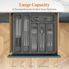 Silverware Organizer With Lid, Covered Utensil Tray For Kitchen Drawer And Countertop, Plastic Cutlery And Flatware Storage Box For Spoons Forks Knives Holder Case, 6 Compartments - Xám - Xem 3