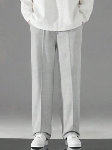 1pc Tween Boys' Casual Solid Color Toothpick Pleated Decor Sports Outdoor Waffle Straight Leg Pants, Spring/Autumn - Grey - View 5