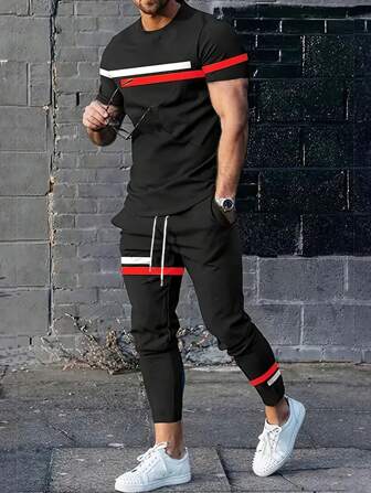 2pcs Men's Casual Striped Short Sleeve T-Shirt & Ombre Sports Pants Set, Outdoor Activities