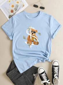 Camiseta amplia con estampado de oso de hombros caídos - Azul - Ver 1
