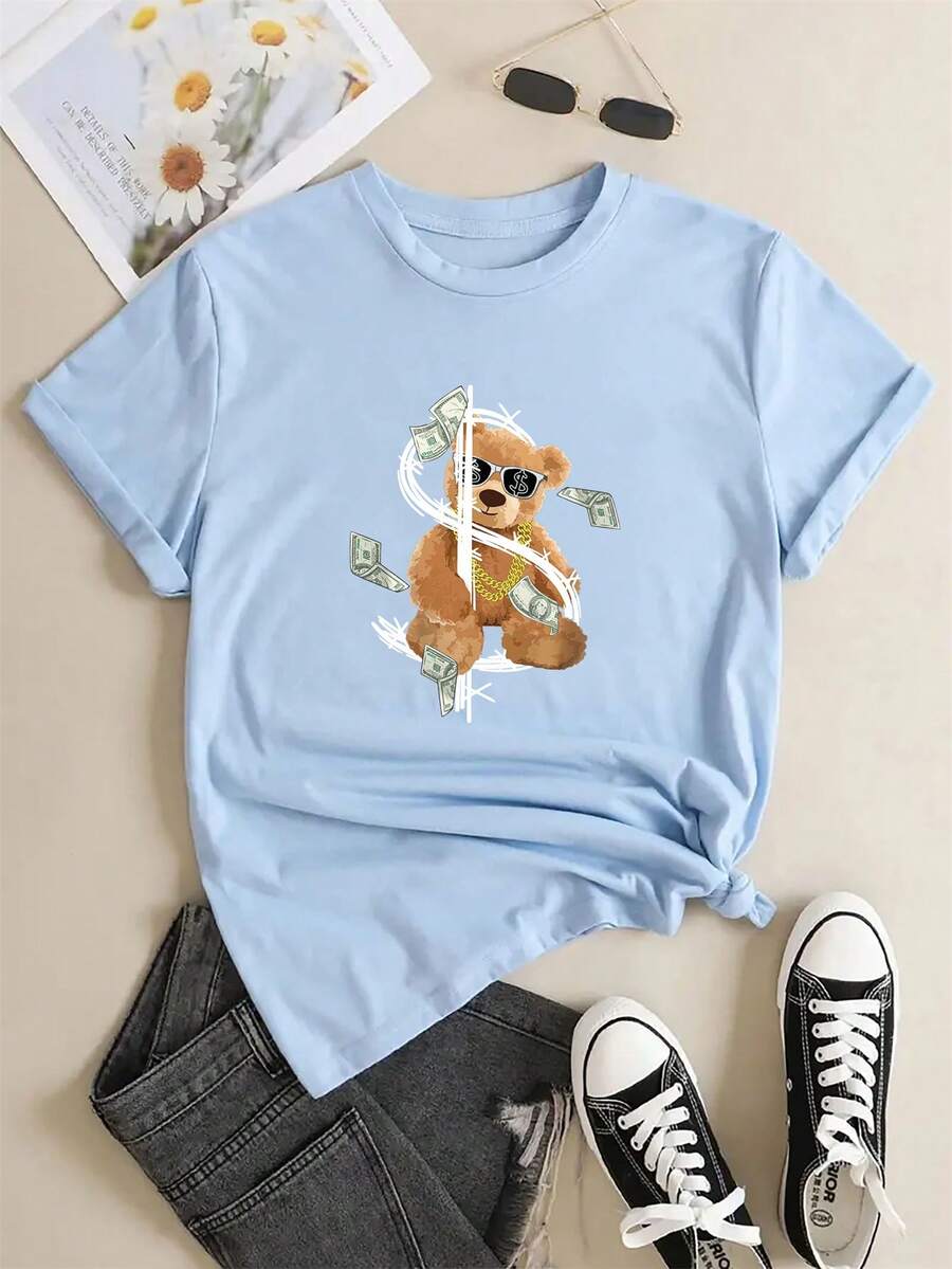 Camiseta amplia con estampado de oso de hombros caídos - Azul - Ver 1