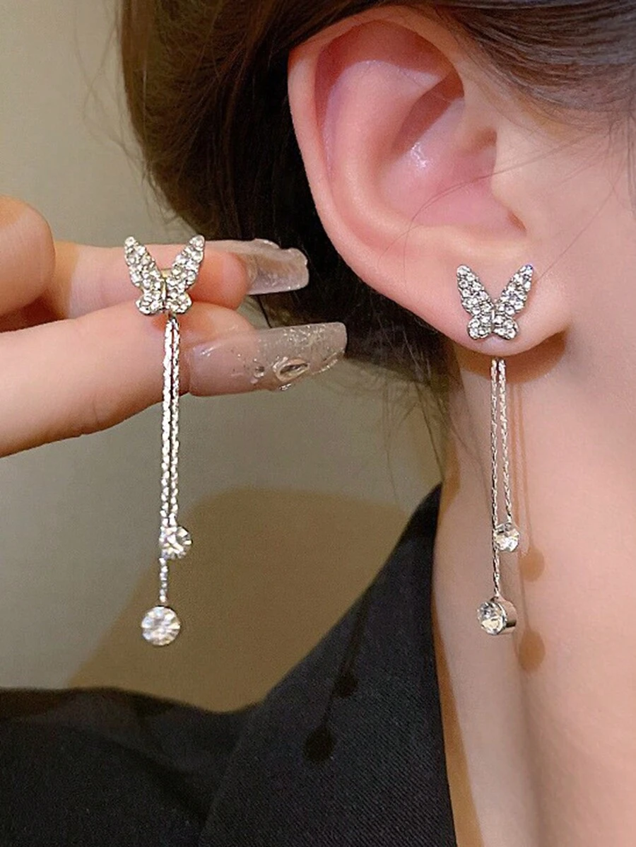 1 Pair Of Butterfly Tassel Long Earrings With Waterdrop Rhinestone Ornament For Women, Sweet Style For Teen Girls - Silver - View 1