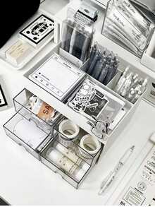 1pc Desk Organizer Drawer Type Pen Holder Stationery Storage Box For Students, Office Workers - White - View 8