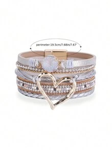 Fashionable Heart-Shaped Faux Leather Bracelet - Sparkling Rhinestone Decor - Magnetic Clasp Design, Easy To Wear - Perfect Accessory For Any Occasion, Ideal Valentine's Day Gift