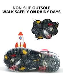 兒童火箭圖案戶外防水防滑閃亮PVC雨靴，雙耳設計方便攜帶，耐磨、舒適、柔軟、輕量級，適用於全季節