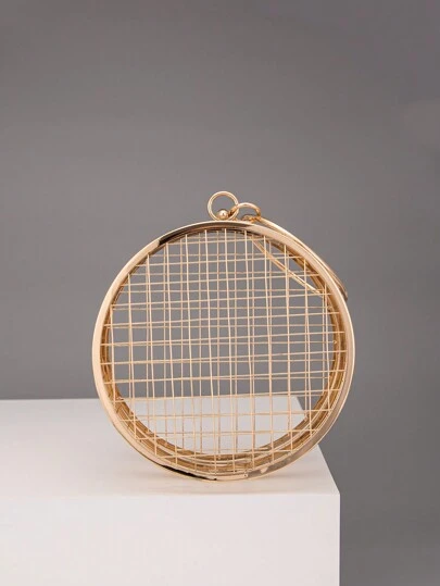 Fashionable Elegant Gold Round Metal Cage Evening Clutch, Perfect For Parties And Gatherings