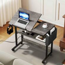Height Adjustable Rolling Laptop Desk Over Sofa Bed Table Stand W/ Power Outlets Tiltable Tabletop, Mobile PC Laptop Bed Table Portable Computer Stand Desks For Library/Bedroom/Living Room/Office