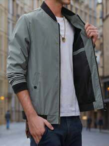 Chaqueta bomber con cremallera para hombres, chaqueta piloto minimalista, chaqueta casual de unicolor simple para volver a la escuela, regalo para novio/esposo - Verde militar - Ver 3