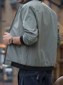 Chaqueta bomber con cremallera para hombres, chaqueta piloto minimalista, chaqueta casual de unicolor simple para volver a la escuela, regalo para novio/esposo - Verde militar - Ver 2