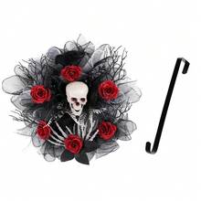 1 件红玫瑰骷髅网纱花环，节日橱窗场景装饰道具，户外万圣节风格装饰，万圣节装饰人造仿真花环 - 多色 - 查看 10