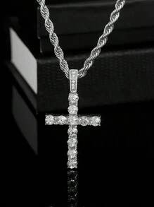 水鑽冰鎮十字吊墜項鍊4mm網球鏈條適合男人及女人嘻哈首飾類 - 銀色 - 查看 6