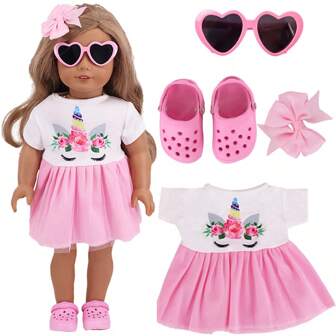 5pcs/Set Girl Doll Accessories For 17-18 Inch Dolls, Includes 1 Pink Dress, 1 Hair Clip, 1 Pair Of Beach Shoes, 1 Pair Of Glasses, (Doll Not Included, Not Suitable For Reborn Dolls), Children's Birthday Gift