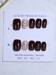 100% Uñas postizas hechas a mano de color rojo vino, 10 piezas de uñas cuadradas cortas con decoración de concha, puntas de uñas falsas reutilizables para diseños de arte de uñas para la vida diaria y vacaciones, suministros de uñas - Burdeos - Ver 15