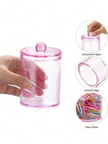 6 Pack Qtip Clips With Plastic Lids - 10 Oz Clear Medicine Bottle Dresser Organizer And Storage Makeup Jar For Makeup Round Pads, Swabs, Dental Floss, Hair Clips, Paper Clips, Hair Ties (Pink)