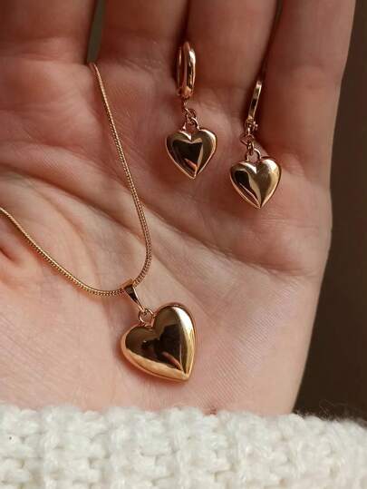 3pcs Simple Heart Earrings Necklace Jewelry Set For Women, Suitable For Dating, Holidays, And Daily Wear, Gift Idea