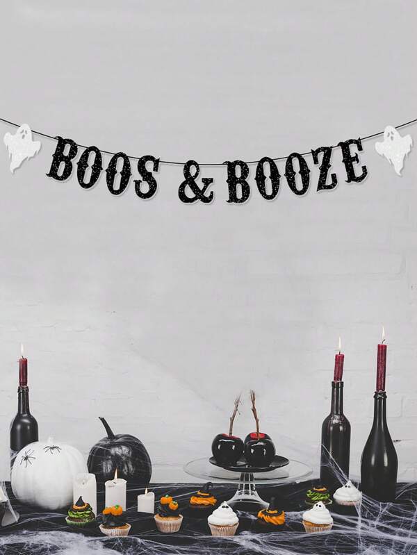 1 pièce Bannière murale "BOOS & BOOZE" de fantôme blanc pour la décoration de la fête d'été de l'Halloween / décoration de fête d'Halloween