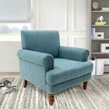 Cotton Accent Chair Mid-Century Modern Living Room Armchair With Nailhead Trim &  Legs Comfy Upholstered- Single Sofa Chair For Lounge/Bedroom/Reception  Blue- - như hình ảnh cho thấy - Xem 4