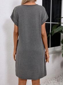 Women's Casual Knee-Length Dress With Ribbed Round Neck Batwing Sleeve