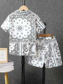 2pcs Set Boys' Paisley Pattern Print Shirt And Shorts, Ramadan Gift, Stylish Design Short Sleeve Collared Shacket And Shorts Set, Spring/Summer