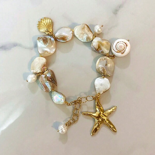 1pc Stainless Steel Gold Starfish & Shell Beaded Bracelet Women's Fashion Accessory