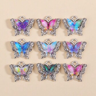 10pcs Fashionable Colorful Acrylic Butterfly Charms With Zirconia & Alloy, Making Charm Earrings Necklaces Jewelry Gifts