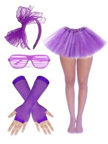 Forever & Moment 2/5 件 80 年代和 90 年代复古霓虹派对服装配饰套装蕾丝蝴蝶结头带性感芭蕾舞裙渔网连裤袜百叶窗眼镜道具适合 80 年代女性舞会派对角色扮演服装配饰 - 多色 - 查看 6