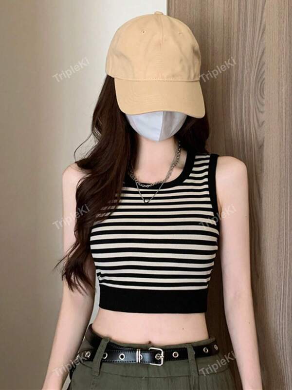 Casual Striped Colorblock Cropped Tank Top, Summer