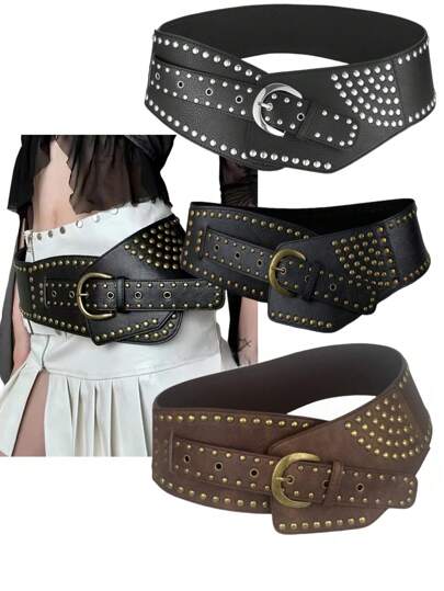 American Hot Girl Y2K Style Wide Hip Waist Belt With Rivets, Punk Girls' Must-Have, High-Quality Leather Vintage Western Industrial Waist Accessory For Dresses And Skirts Halloween Summer, School Fall, Autumn, Halloween