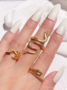 Set de 3 anillos con diseño de calavera y serpiente estilo punk, anillos personalizados de moda para mujer - Plata antigua - Ver 1