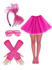 Forever & Moment 2/5 件 80 年代和 90 年代复古霓虹派对服装配饰套装蕾丝蝴蝶结头带性感芭蕾舞裙渔网连裤袜百叶窗眼镜道具适合 80 年代女性舞会派对角色扮演服装配饰 - 多色 - 查看 16