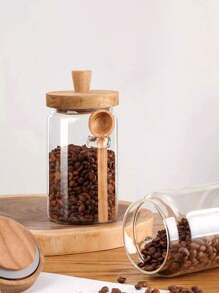 1 Peça Pote de Vidro de Borosilicato de Alta Qualidade com Tampa de Madeira e Colher, Pote de Vidro À Prova de Umidade com Vedação, Recipiente de Armazenamento de Cozinha, Caixa de Armazenamento de Alimentos, Pote de Especiarias, Garrafa de Vidro