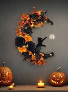 Americana Style Halloween Wreath 1PC - 13.77 Inch Black Cat Crescent Moon Door Hanging, Gothic Decor, Halloween Moon Decoration, No Feathers, Electricity-Free Use - Orange - View 5