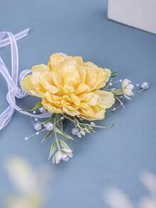 手工制作人造花手链胸花丝带腕带，新娘伴娘婚礼派对配饰 - 黃色 - 查看 4