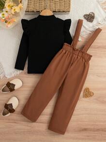 年轻女孩日常休闲心形印花圆领长袖上衣和蝴蝶装饰吊带裤套装，春秋 - 棕色 - 查看 2