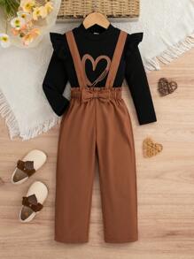 年轻女孩日常休闲心形印花圆领长袖上衣和蝴蝶装饰吊带裤套装，春秋 - 棕色 - 查看 1