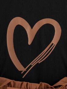 年轻女孩日常休闲心形印花圆领长袖上衣和蝴蝶装饰吊带裤套装，春秋 - 棕色 - 查看 4