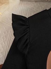 年轻女孩日常休闲心形印花圆领长袖上衣和蝴蝶装饰吊带裤套装，春秋 - 棕色 - 查看 6