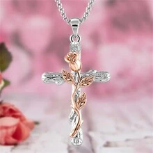 1 chiếc mặt dây chuyền hình hoa hồng, chữ thập và lá, trang sức cổ điển làm quà tặng cho các cặp đôi, đám cưới, ngày Valentine, phụ nữ và bé gái. - Hoa hồng & Thánh giá - Xem 3