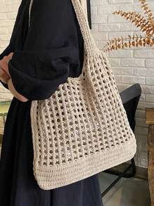 Yogodlns 女士针织单肩包，复古镂空编织大容量花卉装饰手提包，钩针编织包，完美适用于海滩、旅行、购物和度假，是搭配女士沙滩配饰的理想之选，最受欢迎的女士沙滩包，沙滩必备品，沙滩用品，沙滩装备和夏季必备品 - 卡其色 - 查看 6