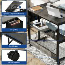 Height Adjustable Rolling Laptop Desk Over Sofa Bed Table Stand W/ Power Outlets Tiltable Tabletop, Mobile PC Laptop Bed Table Portable Computer Stand Desks For Library/Bedroom/Living Room/Office