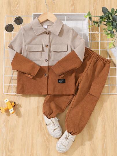 2pcs Kids Young Boy Party/Vacation Outfit Set - Color-Block Corduroy Shirt With Turn-Down Collar, Corduroy Jacket, And Elastic Waist Pants