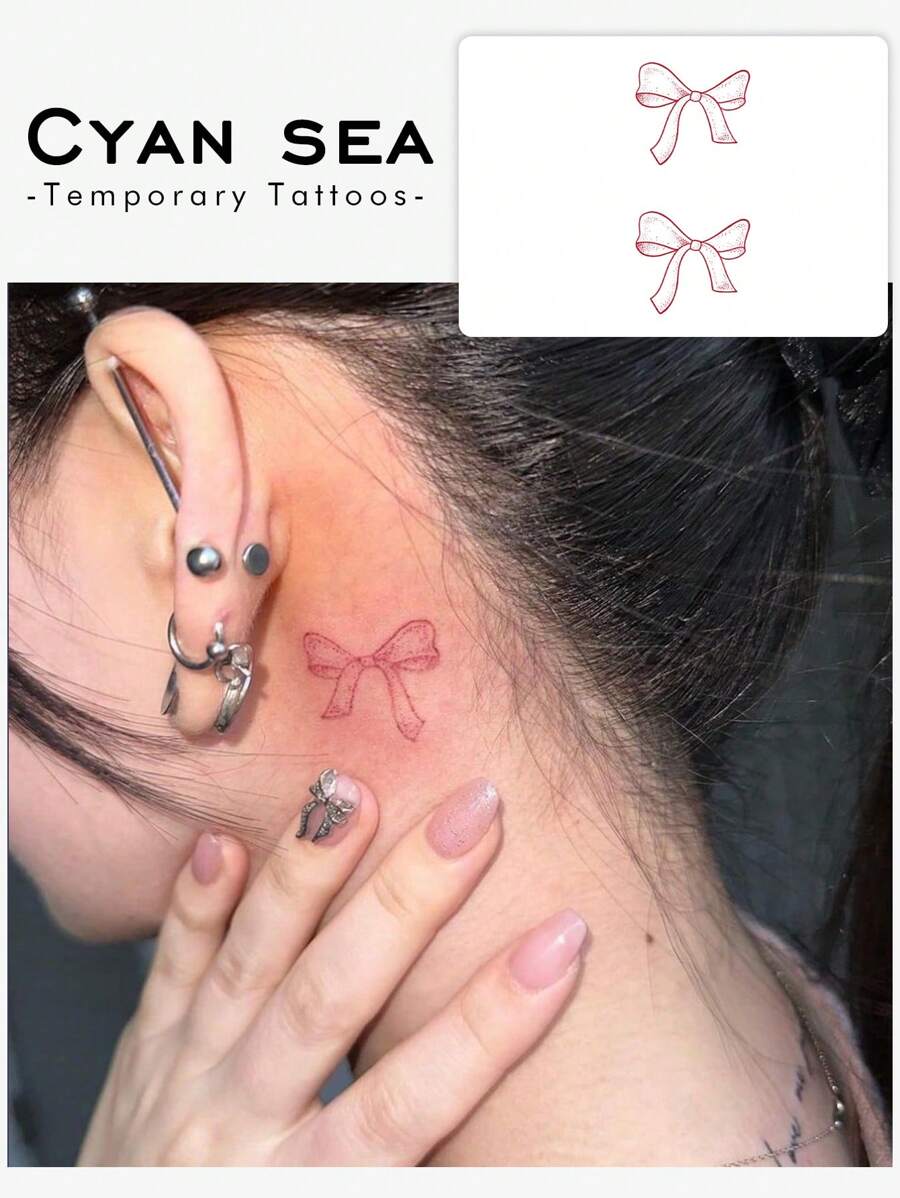 1张防水、防汗、不反光临时纹身贴纸，浪漫红色蝴蝶结设计，可爱甜美风格，适合所有人，日常使用 - 紅色 - 查看 1