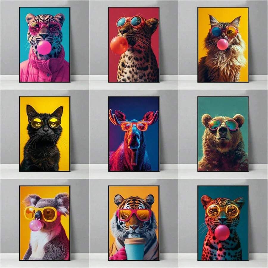 1pc Jaguar Bunny Bear Giraffe Zebra Động vật thời trang hiện đại Poster Canvas Tranh nghệ thuật treo tường đầy màu sắc Hình ảnh trang trí văn phòng nhà tùy chọn Khung