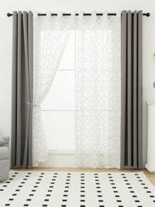 4 Panels Gray Blackout Curtains With Embroidery And Sheer, Sun-Blocking And Heat-Insulating Full Set, For Living Room, Bedroom, Dining Room Decoration - Grey - View 3