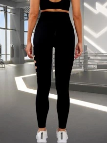 女士无缝破洞运动紧身裤、高腰瑜伽裤、百搭透气打底裤 - 黑色 - 查看 4