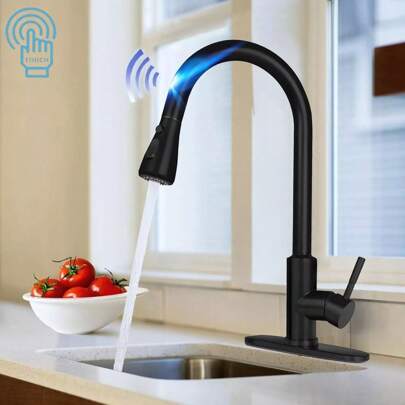 Brushed Nickel Touch Sensor Kitchen Faucet With Pull Down Sprayer, Single Handle High Arc Touch Activated Pull Out Kitchen Faucets Stainless Steel Kitchen Faucets With Deck Plate