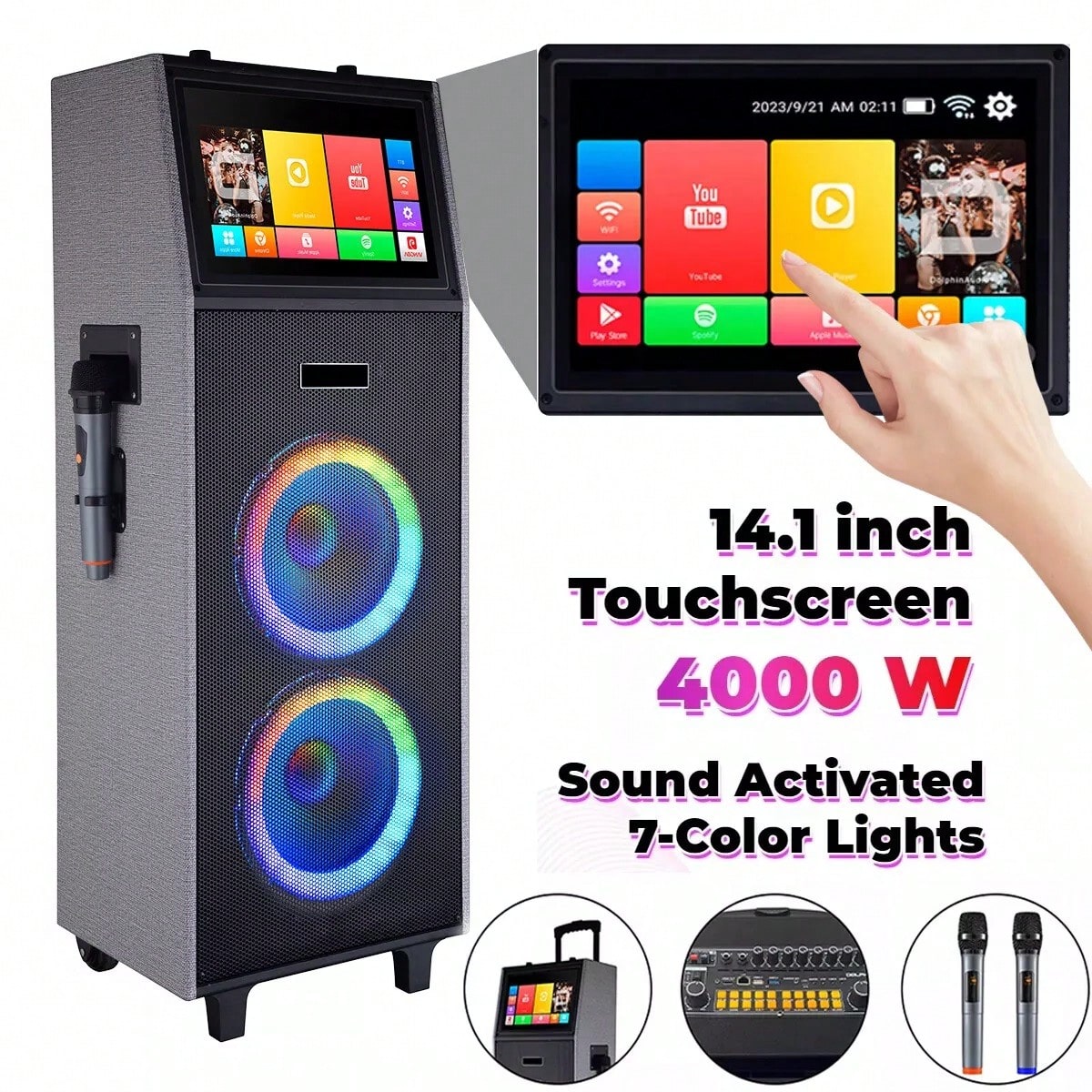 4000W Dual 10" Woofers Rechargeable Karaoke Box Machine Wireless Bluetooth Speakers 14.1" Touchscreen Tablet With 2 Wireless Microphone Lyrics Display For Android IOS LED Light HD Sound