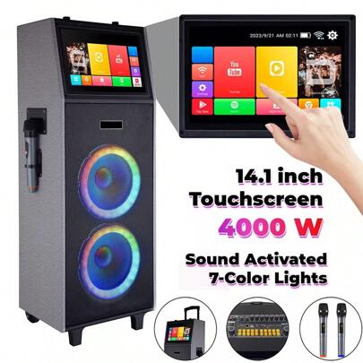 Dazone 4000W Dual 10" Woofers Rechargeable Karaoke Box Machine Wireless Bluetooth Speakers 14.1" Touchscreen Tablet With 2 Wireless Microphone Lyrics Display For Android IOS LED Light HD Sound
