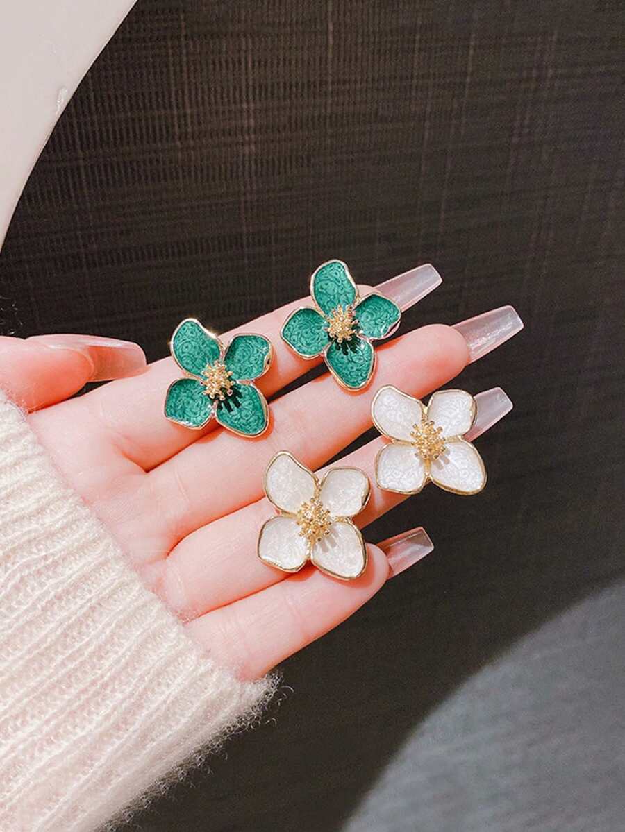 1 Đôi Bông tai Dopamine hình bông hoa bốn cánh nhiều màu dành cho nữ, thích hợp làm quà tặng ngọt ngào & đơn giản hàng ngày hoặc lễ hội - Bông tai hoa tráng men thả - Xem 1